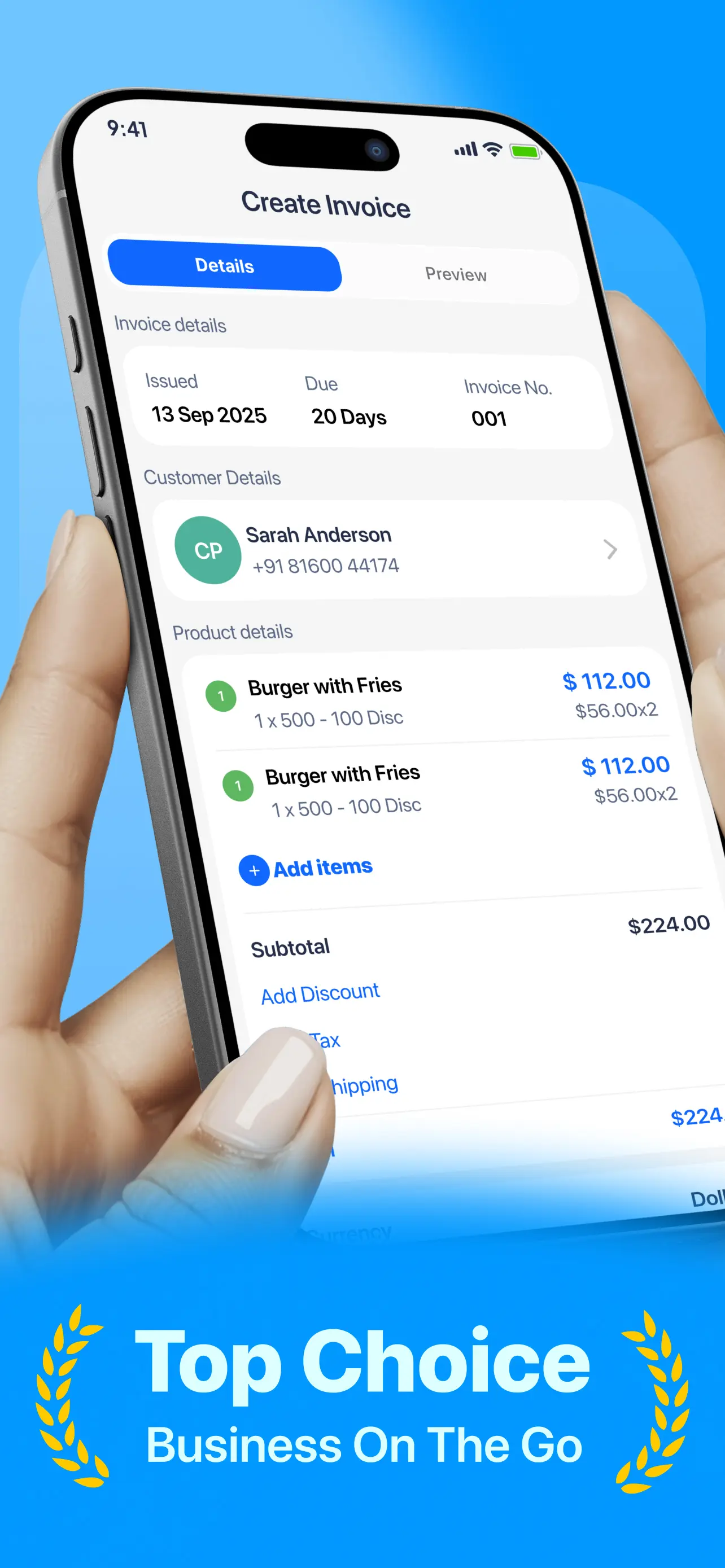 Create a professional invoice on iPhone with customer, items, tax, and total