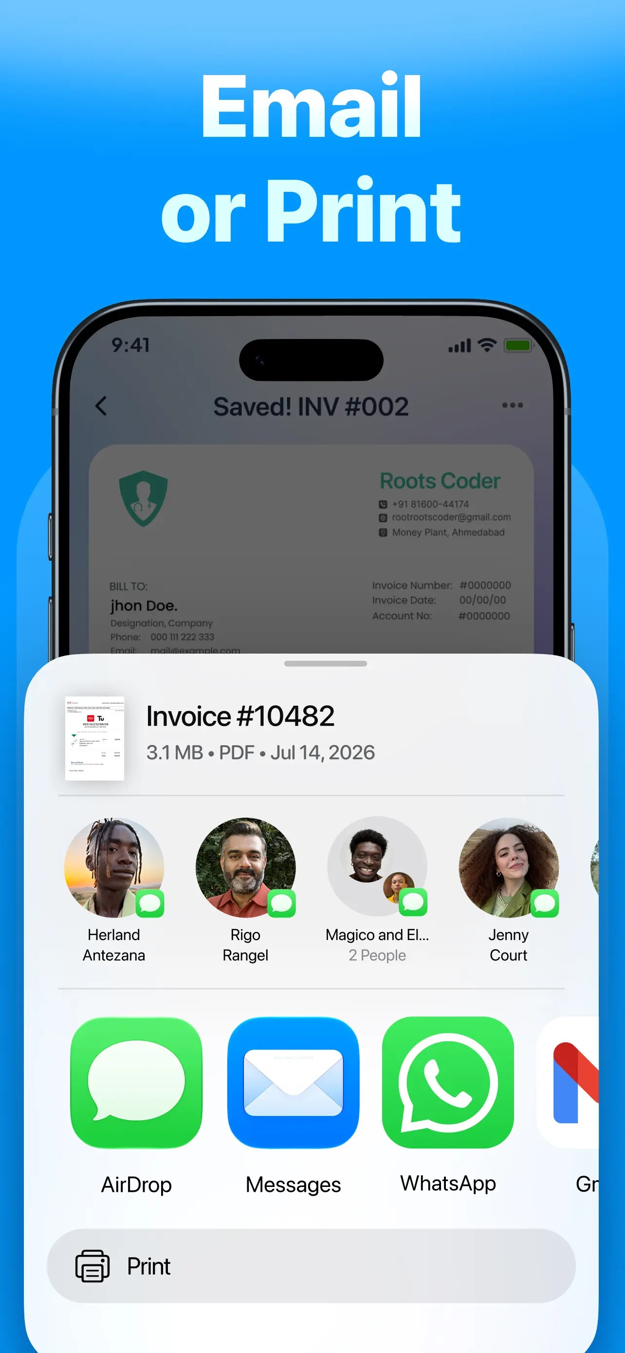 Share or print a PDF invoice by email, WhatsApp, Messages, or AirDrop