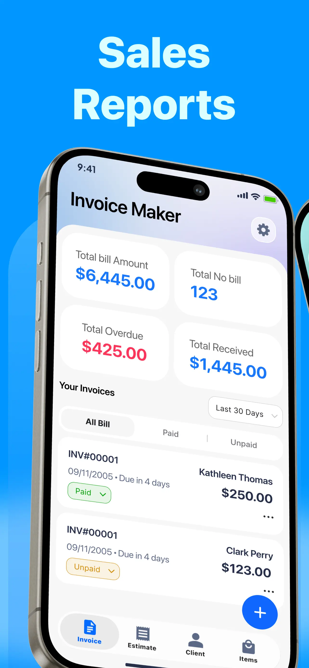 Sales dashboard showing billed, overdue, received, and paid unpaid invoices
