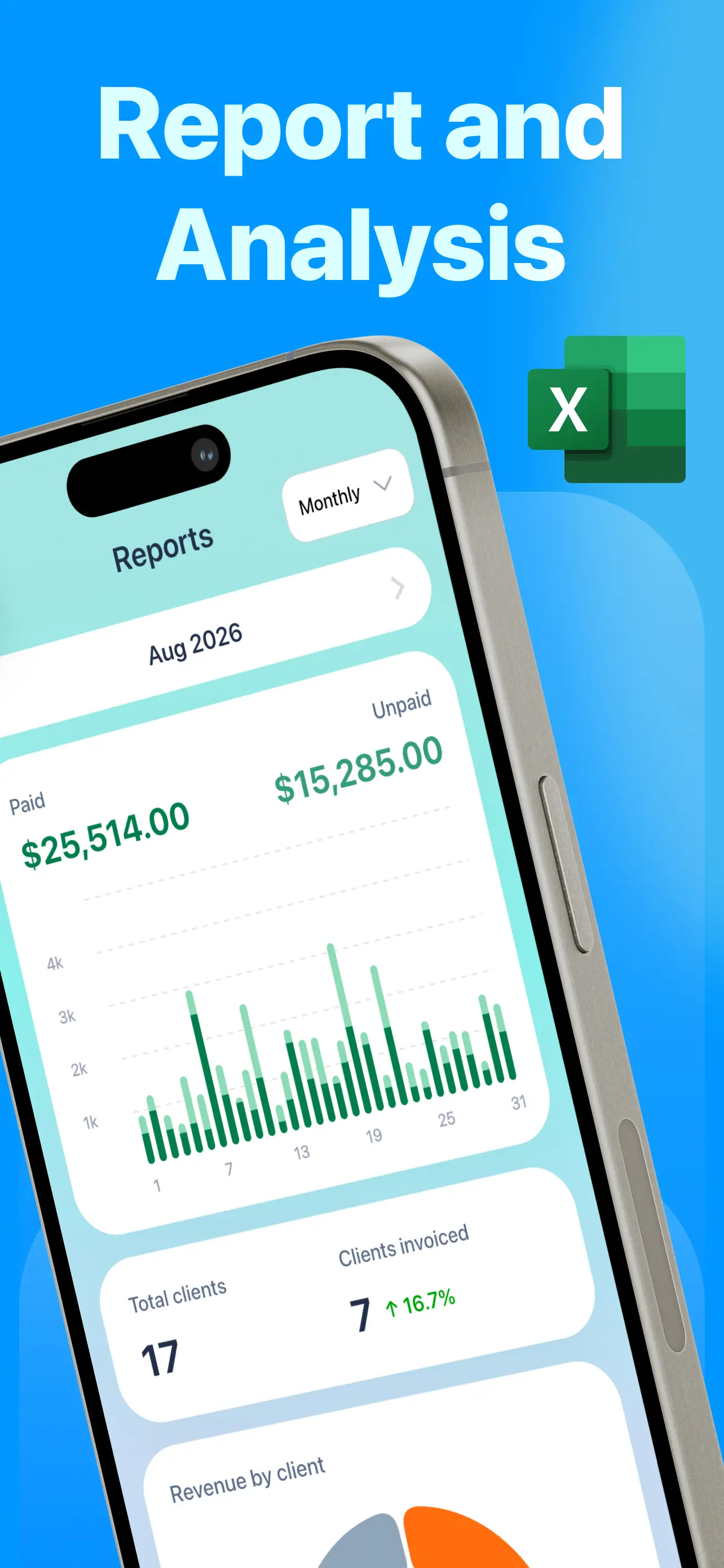 Monthly reports with paid unpaid totals, charts, and Excel export