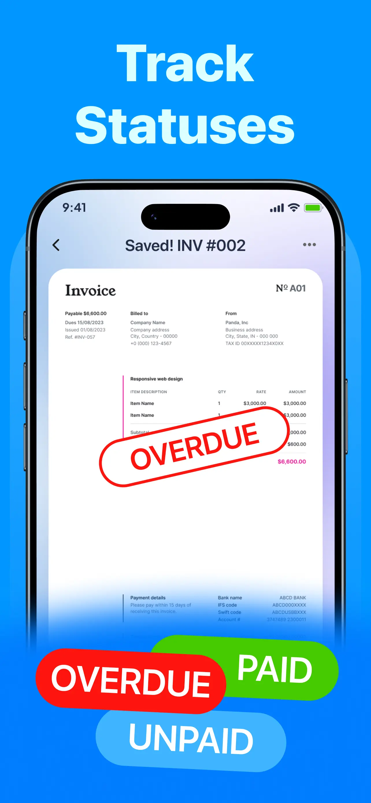 Invoice marked overdue with paid unpaid and overdue status tracking