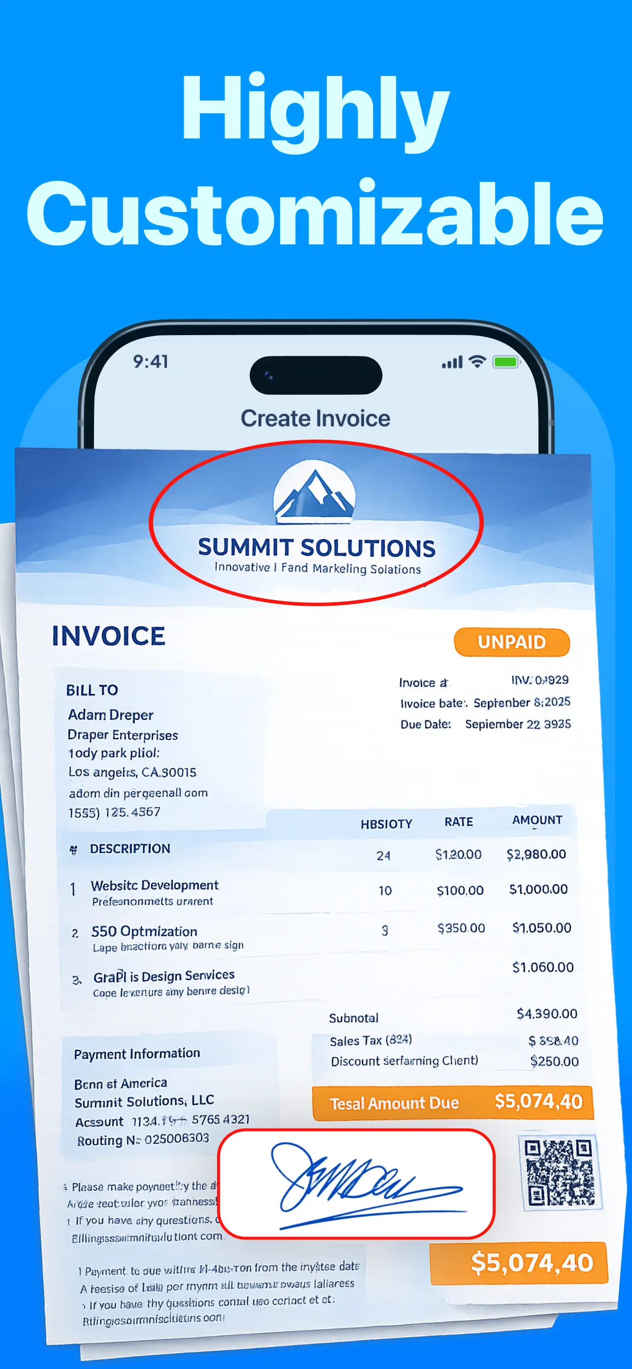 Custom invoice with your logo, digital signature, and branded PDF layout
